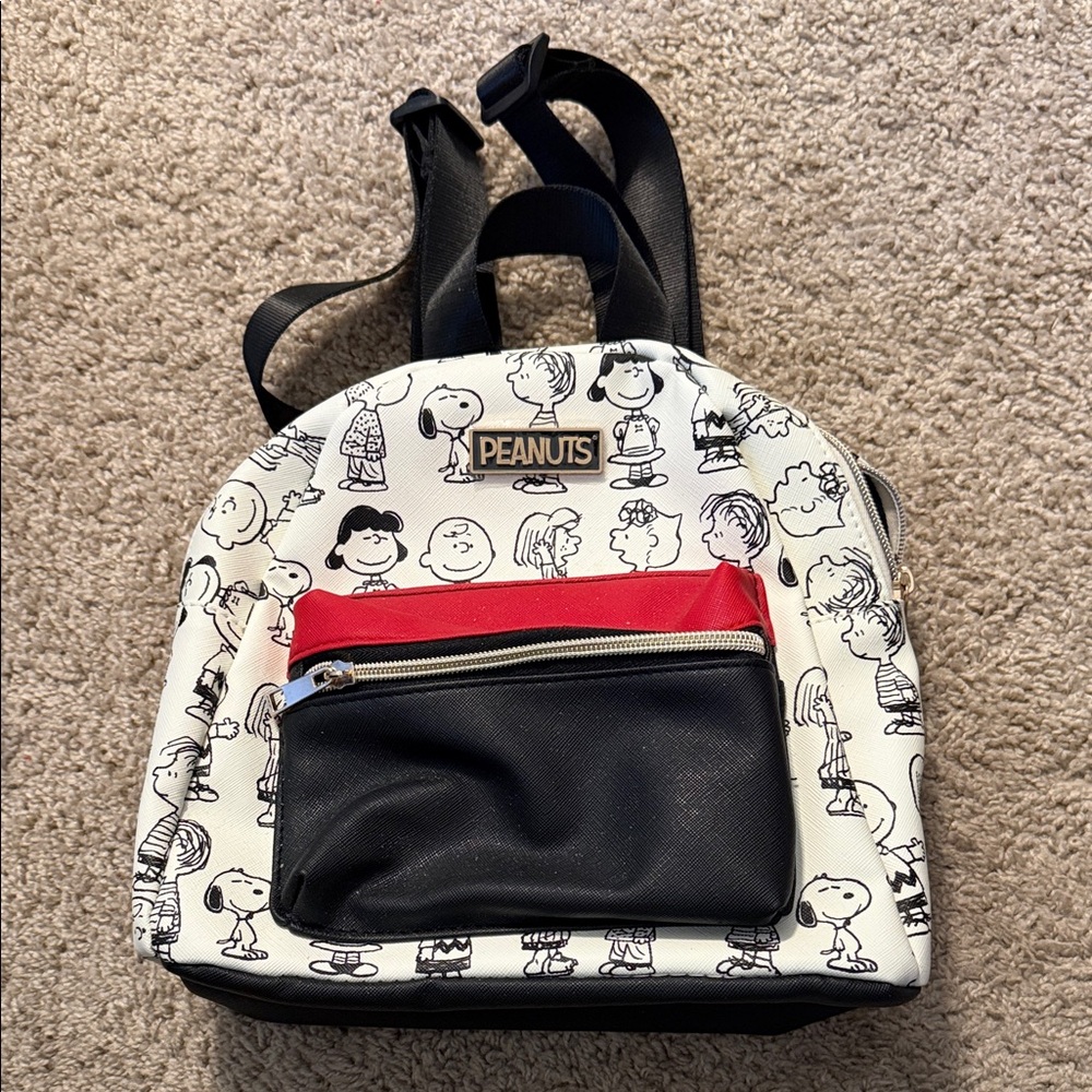 Peanuts Black and White Character Backpack with Red Pocket
